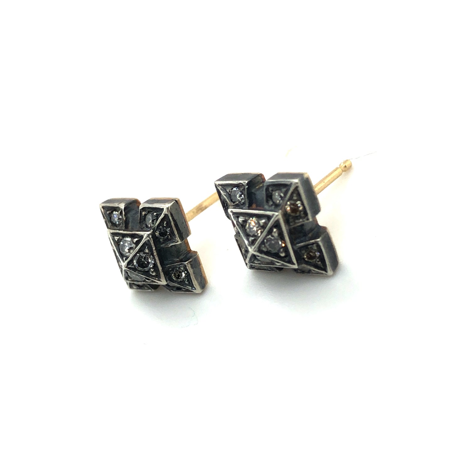 Pyramid Stud Earrings in Silver and Diamond